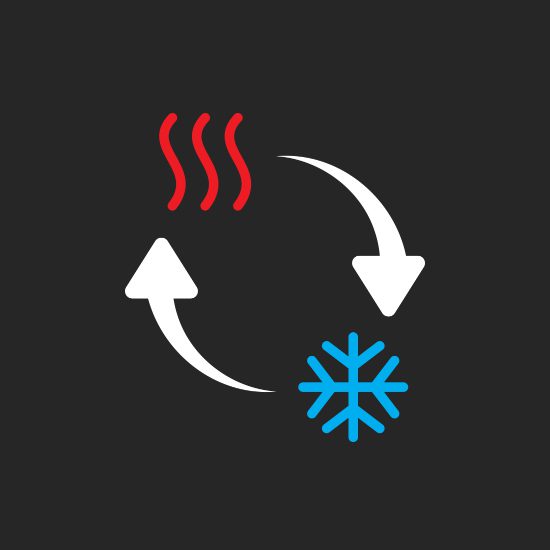 Heating and cooling cycle symbol with arrows, snowflake, and heat waves.